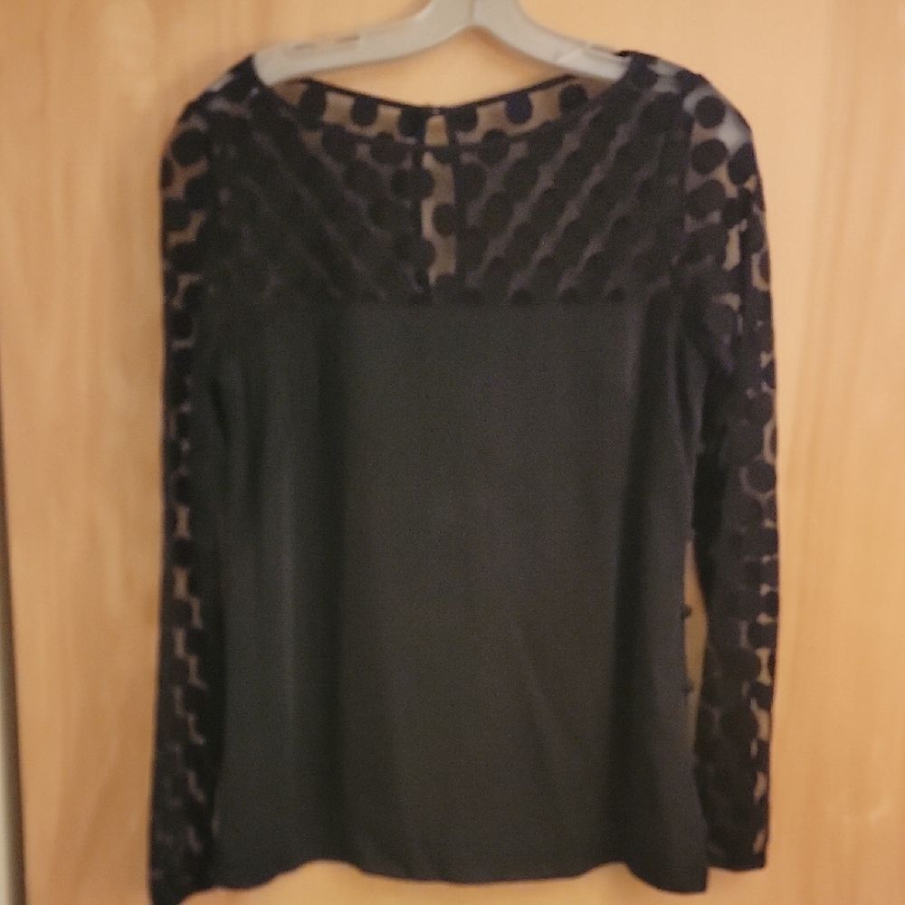 Milly Black Top with Sheer Polka Dot Sleeves